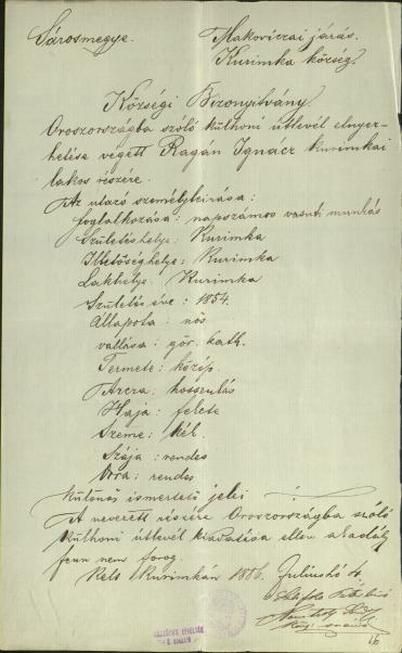 Kurinkai lakosok kivándorlása Oroszországba, 1887. MNL OL K 150 1887 – VII – 13 – 17522 – 16
